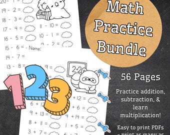 Mathe-Übungsblätter-Bundle: Addieren, Subtrahieren, Multiplizieren (5 PDF Sets)