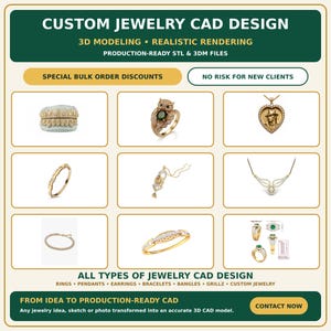 Könnte beinhalten: Eine digitale Anzeige für kundenspezifische Schmuck-CAD-Design-Dienstleistungen. Das Bild zeigt verschiedene Gold-Schmuckstücke, darunter Grillz, einen Eulenring, einen Herzanhänger, dünne Ringe, eine Halskette und einen Ring mit grünem Stein.