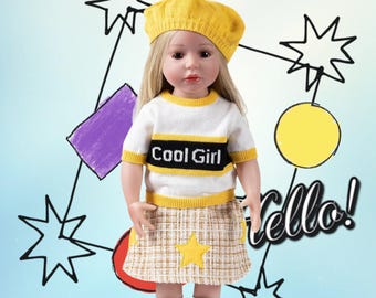 Conjunto de roupas para boneca AG, incluindo gorro de tricô amarelo, suéter, saia e sapatos (boneca não incluída).