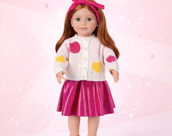 Conjunto de roupas para boneca, suéter vermelho com coração, vestido rosa, serve em bonecas American Girl de 45 cm (18 polegadas).