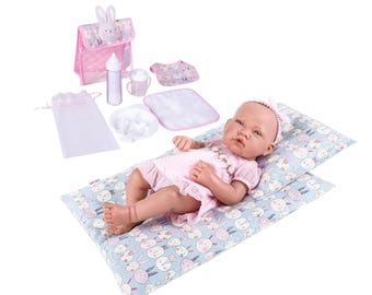 Conjunto para alimentar boneca coelhinha cinza, bolsa para berçário, 9 peças (boneca não incluída)