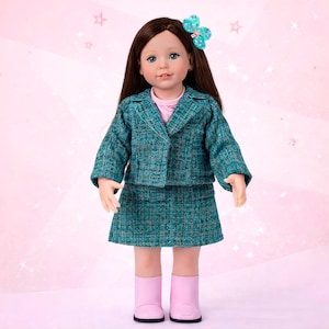 18 Inch Doll Clothes Set, Green Tweed Coat, Skirt, Boots