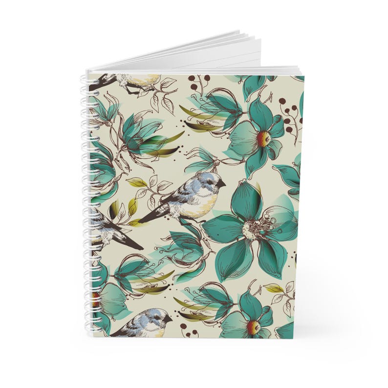 Blue Flower and Bird Spiral Notebook, Floral Journal, Pretty Notebook ...