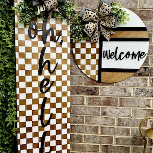 Oh Hello Porch Leaner & Welcome Door Hanger Set – Farmhouse Front Porch Decor, Buffalo Check Porch Sign, Leopard Bow Rustic Welcome Sign