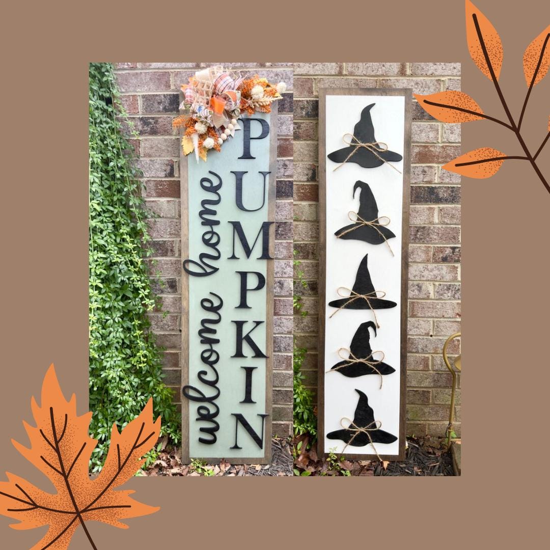 Reversible Fall Halloween Porch Sign: Welcome Home Pumpkin, Witch Hats ...