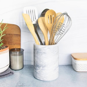 Marble Utensil Holder for Kitchen Countertop – Modern Stone Cooking Tool Organizer – White Spoon Crock – Minimalist Kitchen Decor wife gift