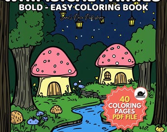 May include: A whimsical coloring book featuring a night scene with two mushroom houses, a stream, and a variety of flowers. The book includes 40 coloring pages and is a PDF file.