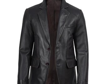 Vintage Black Rub-Off Lambskin Leather Blazer - Two Button Notch Lapel Blazer