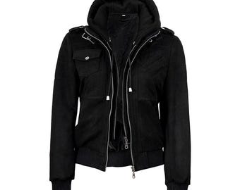 Black Suede Hooded Bomber Jacket - Removable Drawstring Hood, Zip Front Casual Outerwear Jacket