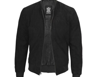 Giacca bomber in pelle scamosciata nera - Collo alla coreana, vestibilità slim, giacca leggera e casual.