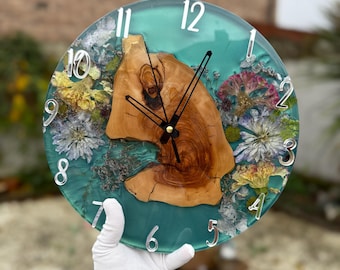 Real Flower & Wood Resin Clock - One-of-a-kind Handmade Art Piece