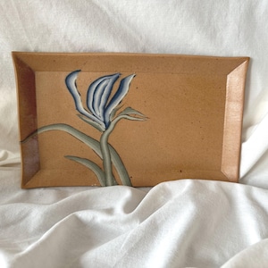 Studio Pottery Tray Rectangular Speckled Tan Dish with Blue and Green Floral Design