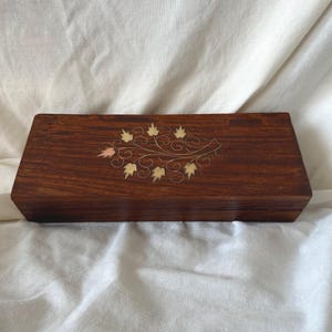Rectangular Wooden Box with Brass and Copper Foliage Inlay Handmade in India