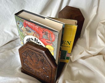 Vintage Wooden Bookshelf with Hand-Carved Leaf Motif Hinged Bookends