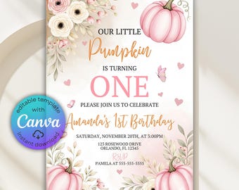 Pink Pumpkin First Birthday Invitation, Autumn Theme (Canva Template)
