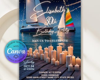 Yacht Birthday Dinner Invitation, Yacht Invitation, Summer Boat Party Invite, Cruise Ship Birthday Invitation, Adult Birthday Canva Template