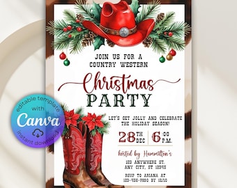Puede incluir: Invitación a una fiesta navideña de temática country western. Presenta un sombrero de vaquero rojo, botas y vegetación festiva. La invitación incluye el texto "Christmas Party" y detalles del evento. El fondo tiene un patrón de piel de vaca.