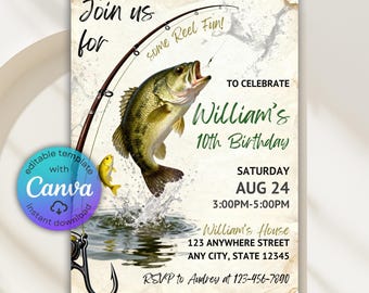 Fishing Birthday Invitation, Reel in the Fun, Fish Theme Party Invite, Fishing Trout Invite, Boy Birthday, Editable Canva Template