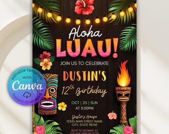 Aloha Luau Birthday Invitation, Tropical Tiki Party (Canva Template)