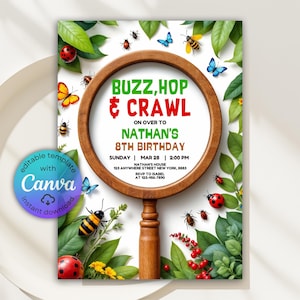 Bearbeitbare Insekt Bugs-Geburtstagseinladung, Buzz Hop and Crawl, Gruseliges Krabbeln, Naturthema, Outdoor-Geburtstagseinladung, Digitale Canva-Vorlage