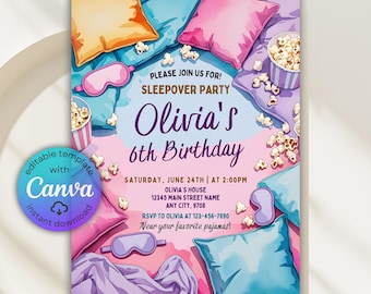 Editable Retro Neon Slumber Party Birthday Invitation, Sleepover Invitation, Slumber Party, Pajama Party Invite, Girl Tween Teen Birthday