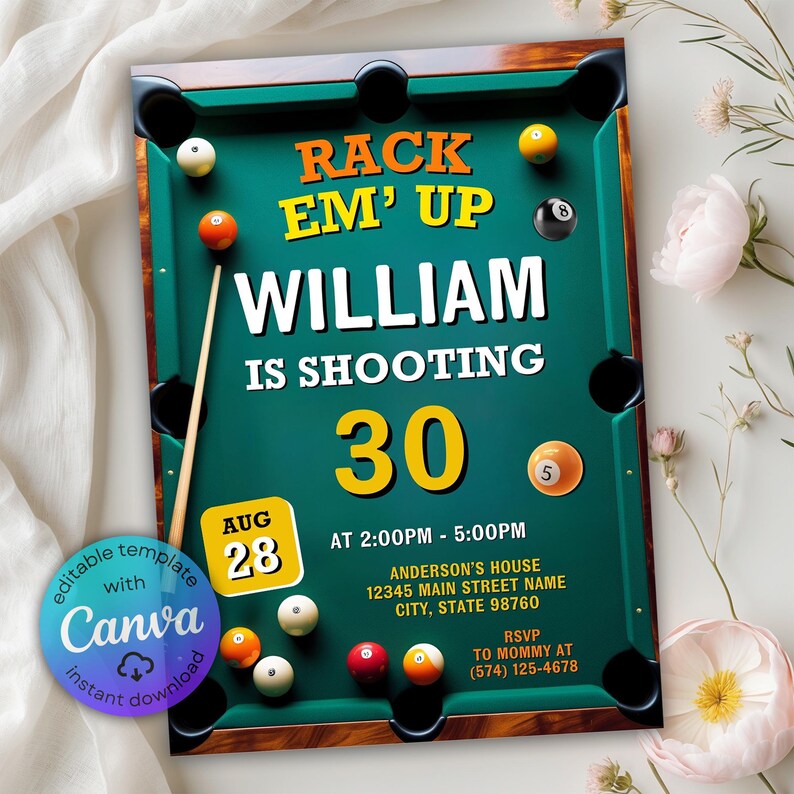 Snooker Pool Billiards Birthday Invitation, Billiards Invitation ...