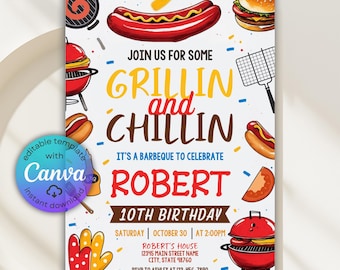 Invitación de cumpleaños con barbacoa en el patio, invitación para fiesta de barbacoa, cumpleaños de verano al aire libre, invitación para barbacoa a la parrilla y relajante, plantilla editable de Canva, hazlo tú mismo
