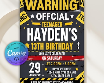 Invitación oficial para adolescentes (advertencia), cumpleaños oficial de 13 años, invitación para fiesta de 13 años, invitación para cumpleaños de niño, plantilla de Canva DIY