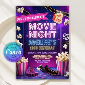 Redigerbar födelsedagsinbjudan till film, filmkväll i trädgården, biofest, födelsedagsinbjudan till bio, filminbjudan, Canva-mall
