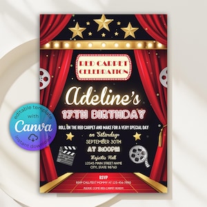 Red Carpet Birthday Invitation, Star VIP Pass Party Invite, Glam Hollywood Movie Theme Invite, VIP Pass Red Carpet Invitation Canva Template
