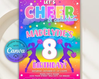 May include: A colorful birthday party invitation with the text "LET'S CHEER & celebrate MADELYNE'S 8 BIRTHDAY!" Two purple cheerleader silhouettes are featured. Includes Canva template information and event details.