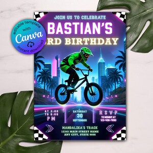 Faire-part d'anniversaire VTT, invitation d'anniversaire vélo BMX, invitation fête moto cross, thème sports extrêmes, invitation moto cross, Canva Evite