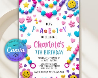 Invitación de cumpleaños editable con pulsera de la amistad, invitación de cumpleaños para mejores amigas, invitación con pulsera de cuentas de Beastie, invitación para fiesta de joyería, Canva