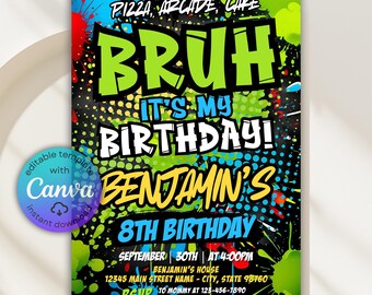 Invitación de cumpleaños de Bruh Gamer, invitación de grafiti neón, cumpleaños de videojuegos, invitación a fiesta de arcade, invitación de Bruh, invitación de juegos, Canva