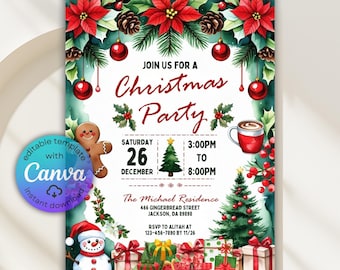 Rustic Christmas Party Invitation, Holiday Dinner, Canva Template (Digital Download)