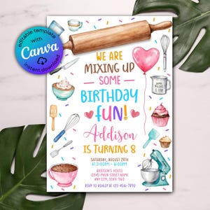 Invito per festa di cucina, invito per compleanno di cucina, invito per festa di cucina dello chef, decorazione di torte, cupcake, dolci da forno, modello Canva, Evite
