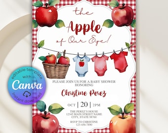 Apple Baby Shower Invitation, Red Gingham, Autumn Party (Digital Template)