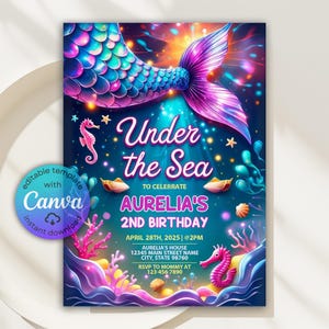 Under The Sea Mermaid Tail Invitation, Under The Sea Invitation, Mermaid Bash Invite, Whimsical Mermaid Birthday, Mermaid Party Invite Canva