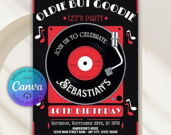 Inbjudan till retro vinylskiva för födelsedag, inbjudan till vintage vinylskiva, inbjudan till vinylskivfest, musikinbjudan, fest med gammalt men gott