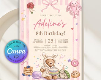 Pink Blossom Bunny Invitation, Pastel Birthday Cake Stuffie Stuffed Animal Birthday Invitation, Pink Squishy Cute Plushies Invitation, Canva