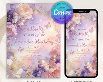 Butterfly Birthday Invitation, Pink Purple Floral Butterfly Party, 1st Birthday Girl, Elegant Girl Party Invite, Editable Canva Template