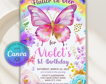 Regenbogen Schmetterling Geburtstagseinladung, Wunderliche Blumen Schmetterling Einladung, Schmetterling Gartenparty, Schmetterling Geburtstag einladen, Canva Evite