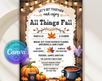 Rustic Fall Harvest Invitation, Autumn Party Invite (Canva Template)