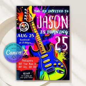 Neon Colors Electric Guitar Invitation, Rock Star Invitation, Rockstar Invite, Guitar Invitation, Music Rock Theme Party, Rocker Birthday