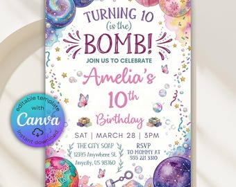 Bath Bomb Birthday Party Invitation, Girls Bath Bomb Bash Pastel Invite, Soap Making, Bath Bomb Making Party Invite, Editable Canva Template
