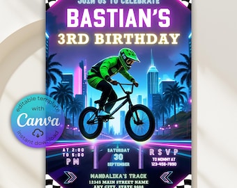 Invitación de cumpleaños de bicicleta de montaña, invitación de cumpleaños de bicicleta BMX, invitación a fiesta de motocross, temática de deportes extremos, invitación de motocross, Canva Evite