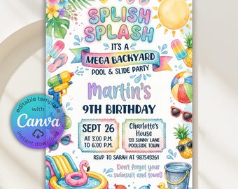 Invitación para fiesta acuática en el jardín, invitación de cumpleaños con chapuzones, invitación con tobogán acuático y pistola de agua con globos, plantilla editable de Canva