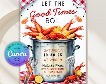 Puede incluir: Invitación digital para una fiesta de cangrejos de río. El diseño presenta una olla llena de cangrejos de río y maíz, con el texto "Let the Good Times Boil". Incluye detalles del evento e información de RSVP.