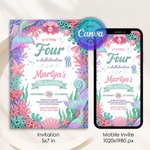 May include: A mermaid-themed invitation for a fourth birthday, featuring a colorful underwater design with coral, seashells, and a mermaid tail. The invitation includes the text "It's Time Four a shellabration" and event details.