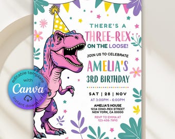 Pink Dinosaur Birthday Invitation, Girl Three Rex Party Invite, Pastel Cute Dino Three-Rex On The Loose, Editable Canva Template